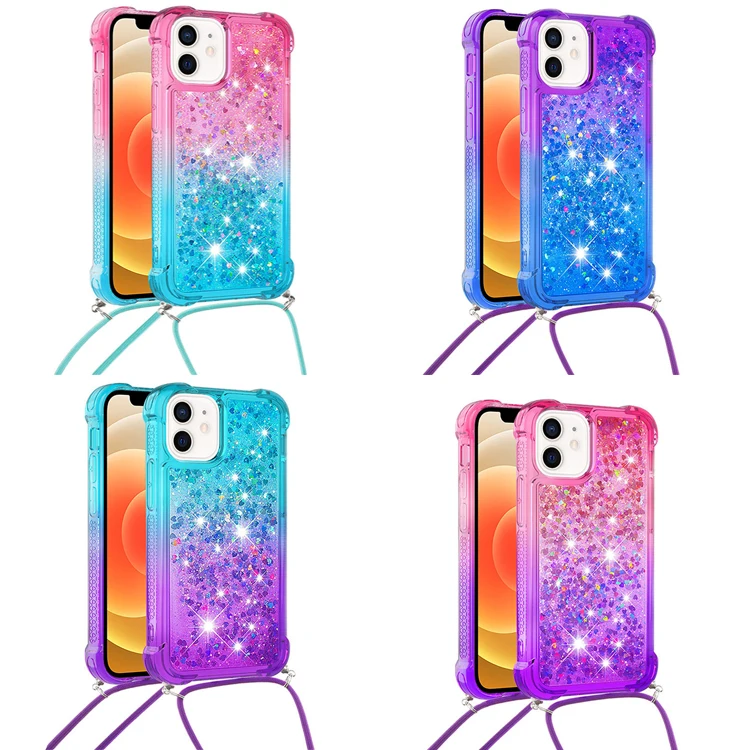 

Glitter Gradient Liquid Quicksand Shockproof Phone Case For iPhone 12 Pro 11 12Mini Pro XS MAX XR X 8 7 Plus Crossbody Lanyard