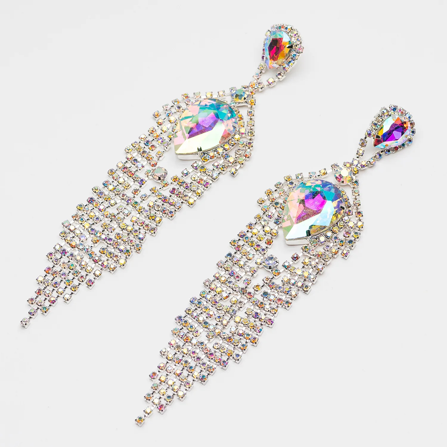 

Exaggerated Gorgeous AB Color Pave Stone Rhinestone Tassel Earrings For Party, Bridal, Wedding