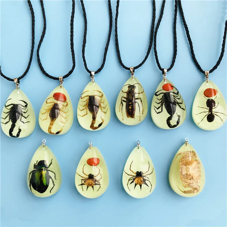 

Wholesale resin real insect necklace luminous insect amber pendant necklace, Black