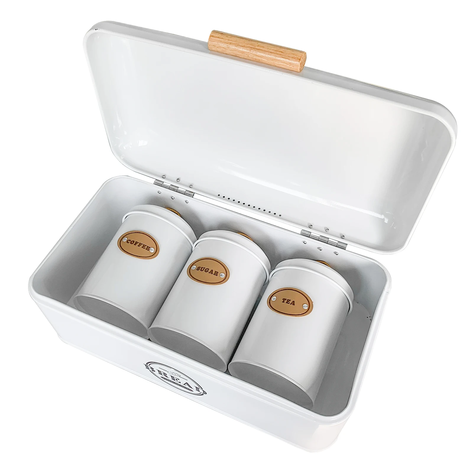 

European style white storage container with wooden handle kitchen jar set can be used to store bread rolls pastry bread box