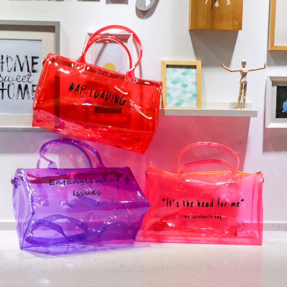 

Customize blue Transparent Holographic spennanight bags with Logo PVC Hologram Pink overnight Duffle Clear Duffel Bag jelly Bags, Ping/ purple/ light blue /red