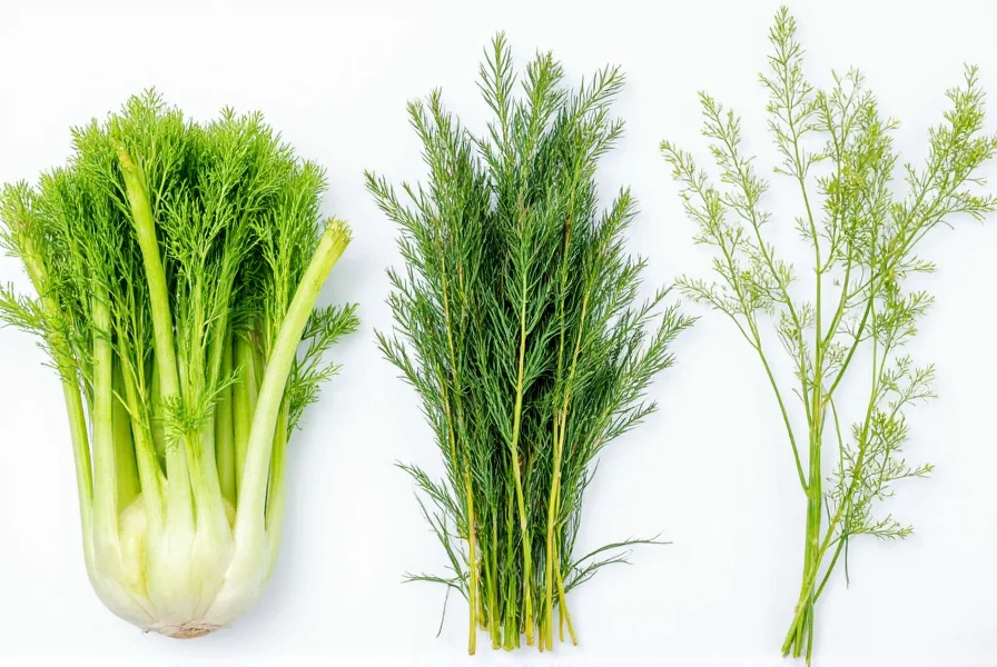 Close-up comparison of fresh fennel fronds next to dill and anise plants showing visual differences for accurate identification