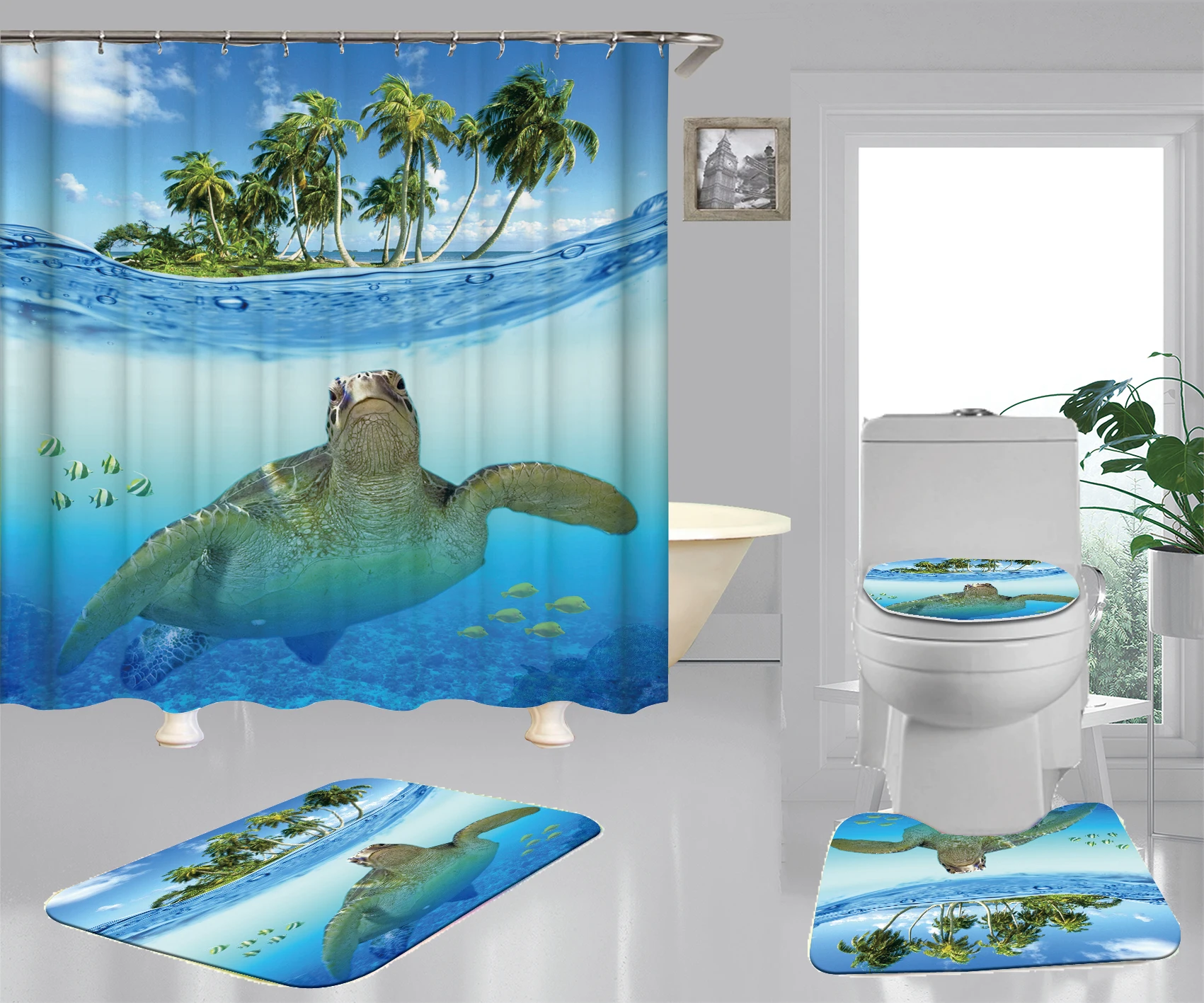 

Men And Women Bathroom Rugs Shade Curtain 3D Retro Toilet Seat Shower Curtain Suit