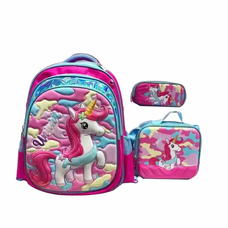 

trolley school bags Unicorn-patterned cartoon satchel with a three-piece tie rod lunch bags for school kids, Blue