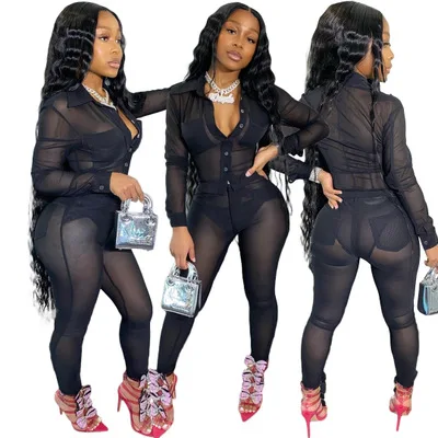 

B34999A 2020 Fall fashion Ready to ship women sheer mesh shirt+ pants clothes set, Black/white/pink/gray/green