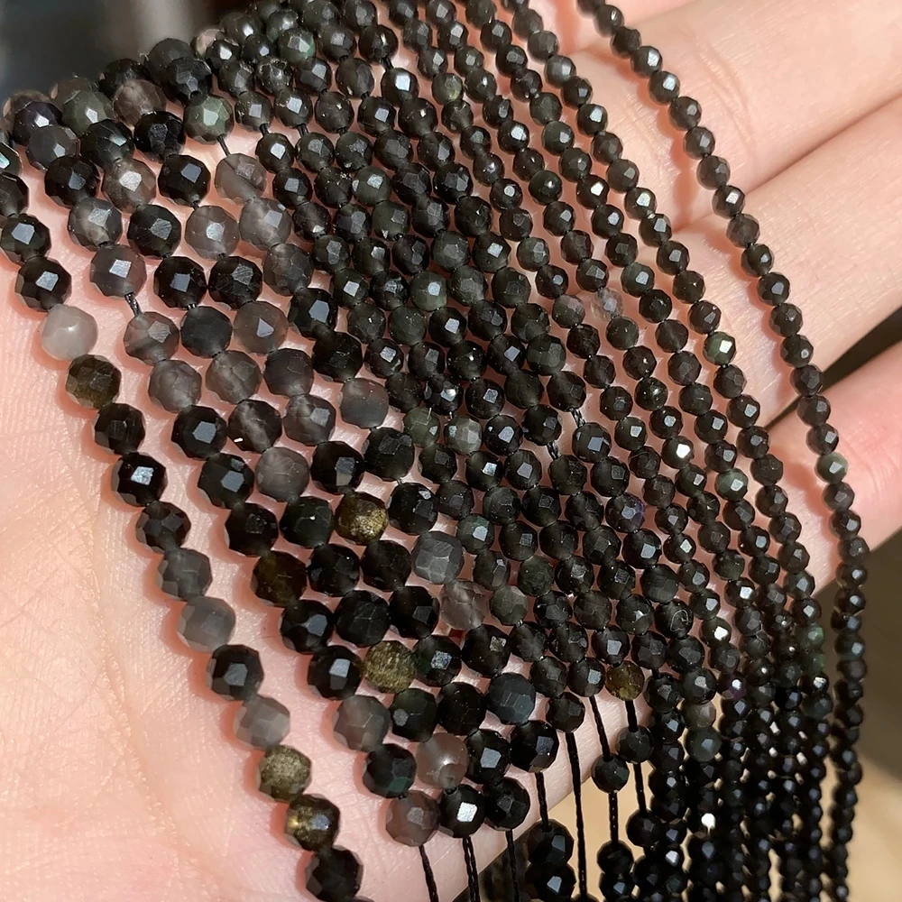 

Wholesale Natural 2/3/4mm Round Faceted Black Obsidian Stone Beads For Jewelry Making DIY