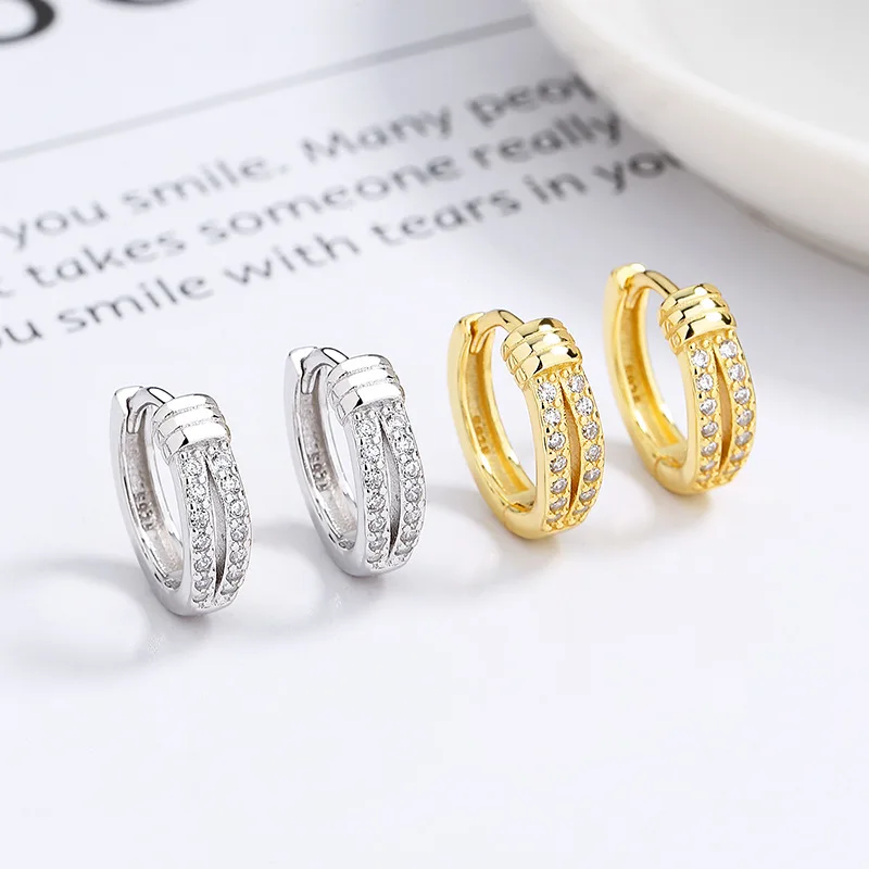 

fashion jewelry 925 sterling silver statement earrings geometric two layers row of zircon gold plated hoop earrings women