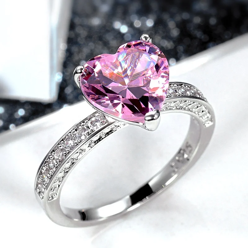 

Luxury Solitaire Women Heart Engagement Rings Pink Cubic Zircon Proposal Rings For Girlfriend Fine Anniversary Gift, Picture shows