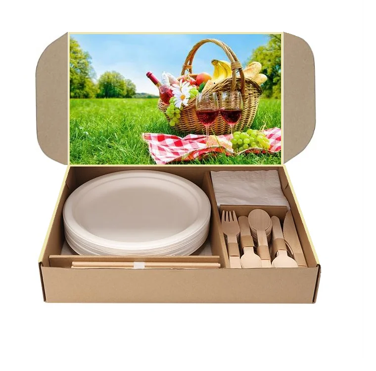 

50-guest Party Disposable Dinnerware Set Bagasse Wood Plate Bamboo Plate Set, Natural