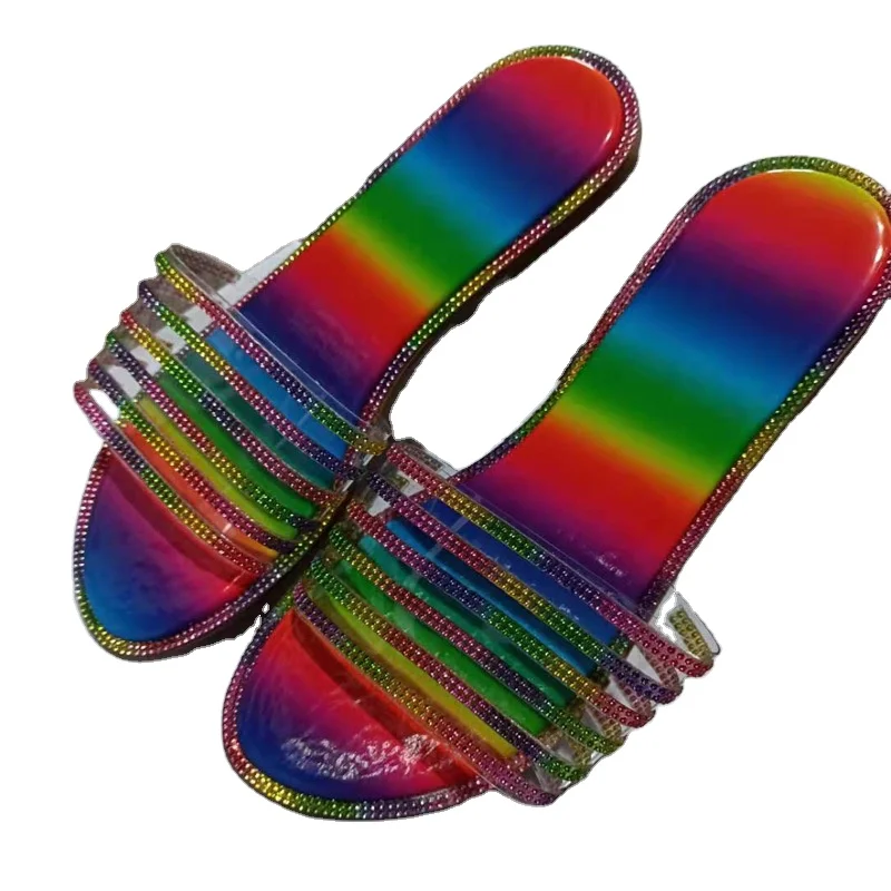 

Large size women's shoes 2021 summer new style beach shoes casual flat bottom rhinestone sandals and slippers flat slippers, 3 colors