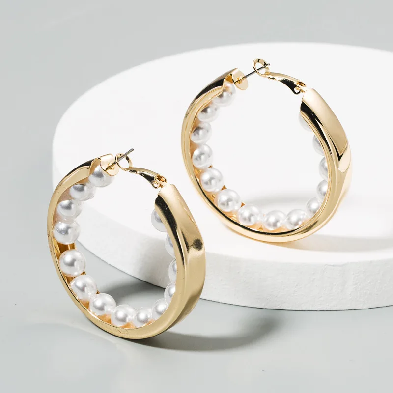 

Fashion Chunky Circle Hoop Earrings 18K Gold Plated Pearl Hoop Earrings For Women 2020, As picture show