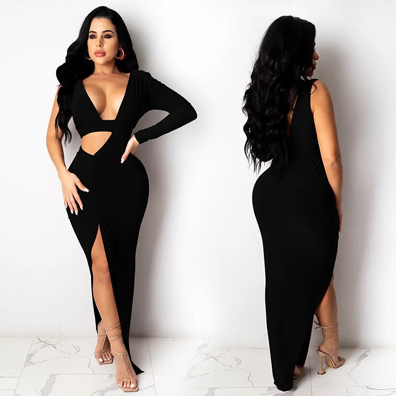 

Spring new ladies split pleats elegant dinner tight dress club fashion deep V neck open chest high split ground dress
