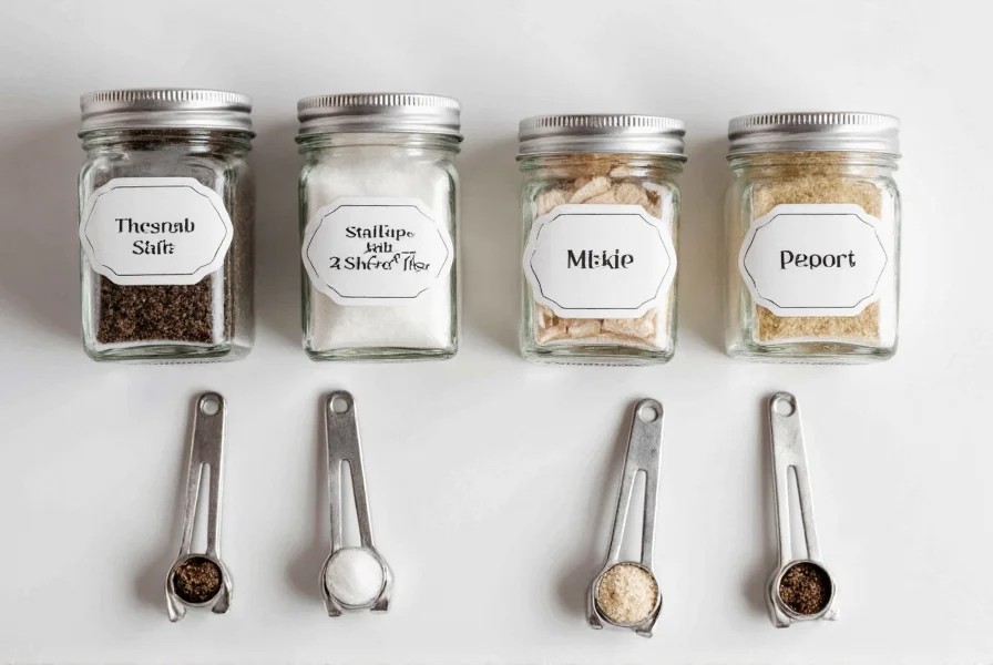 Proper storage containers for salt and pepper showing airtight glass jars with labels and measuring spoons