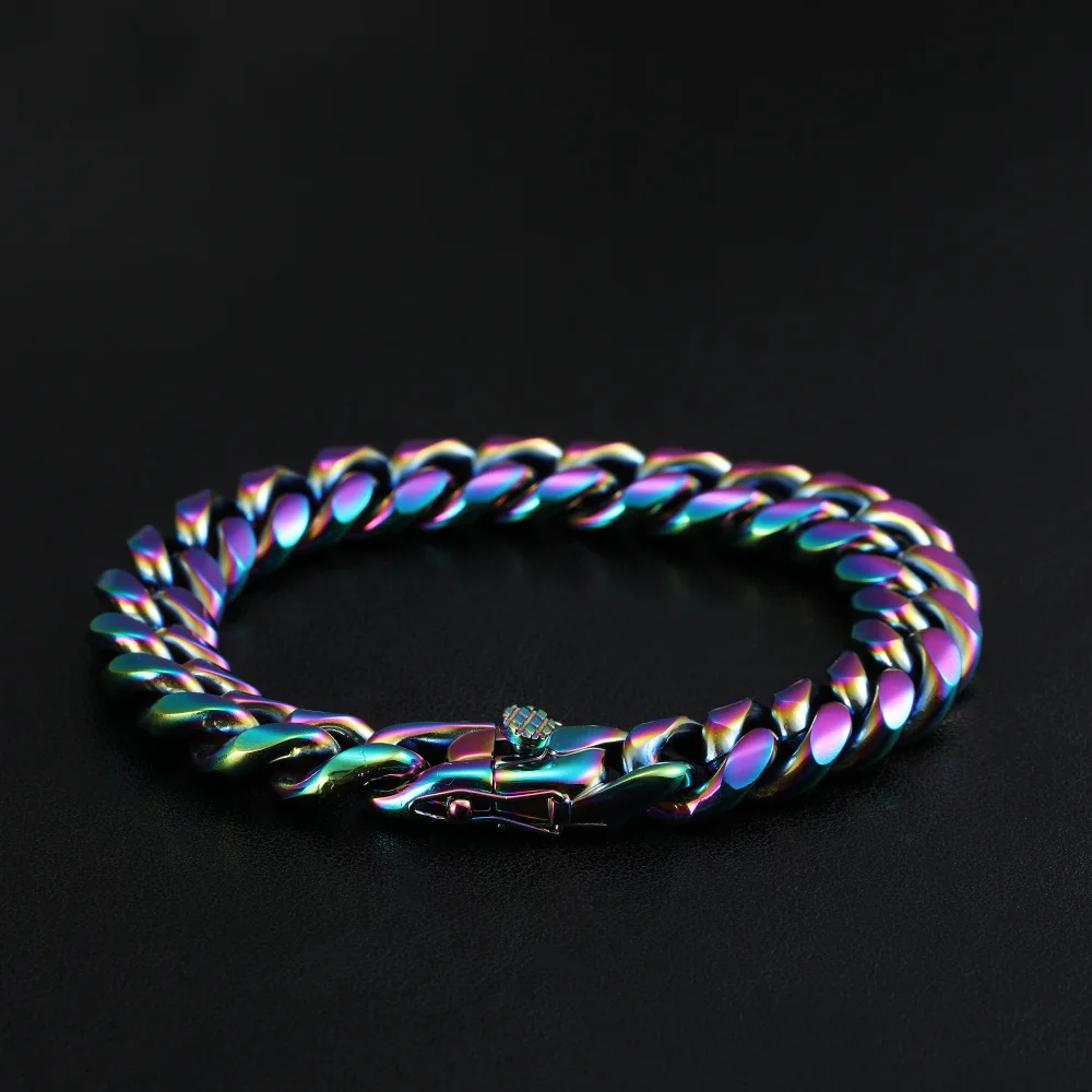 

Drop Shipping NO MOQ 1 PC Wholesale 10mm Rainbow Color Men's Jewelry Cuban Stainless Steel Chain Cuban Link Bracelet Hip Hop Men