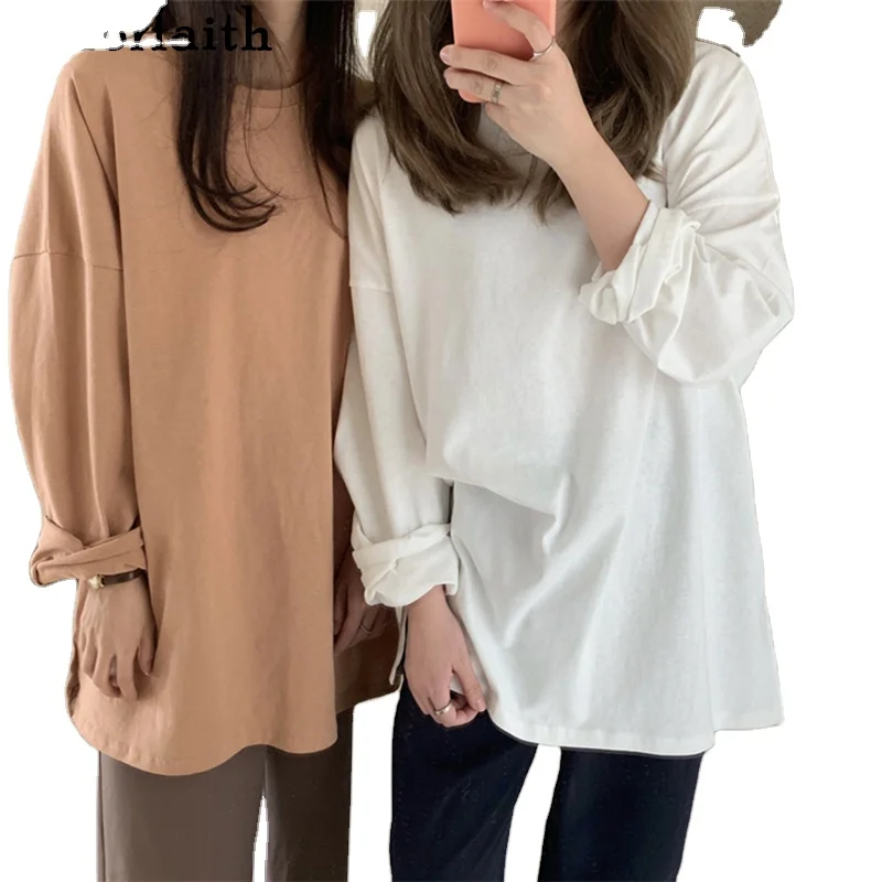 

Women Spring Loose T-Shirts Solid Bottoming Long Sleeve Casual Korean Minimalist Style Triko Tops Tees