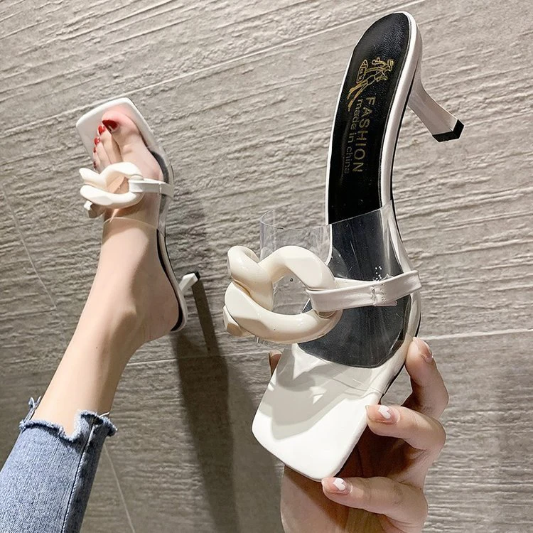 

New Arrivals Summer Sexy Transparent Square Toe Round High Heel Sandals For Ladies And Women, White, green, silver, rose red