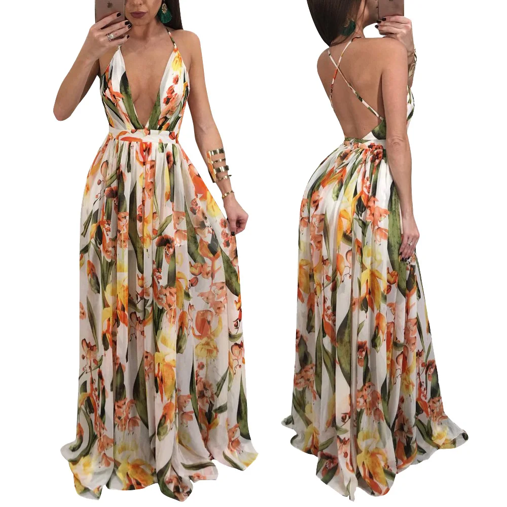 

hot sell Casual Plus Size Backless V-Neck Maxi Dress Long One Piece Chiffon Clothing Summer Women Dresses