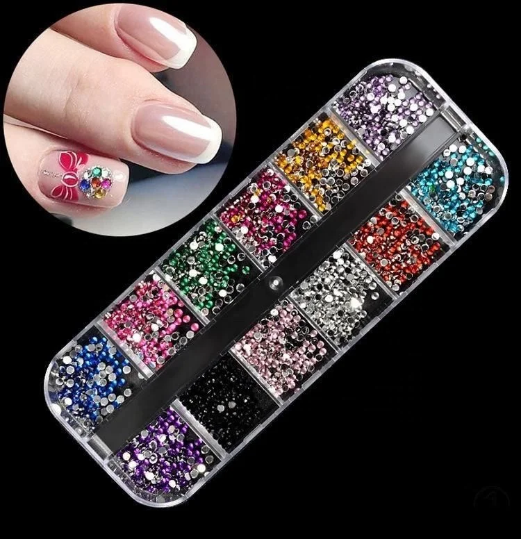 

12 Grid 1.5mm 2mm 3mm Nail Color Diamond Nails Flat Shaped Diamond Nail Art Rhinestone Strip Box, Multi color