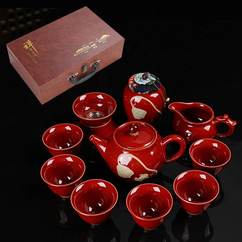 

Wholesale Kung Fu tea set red crockery teapot cup set with gift box, Full decal