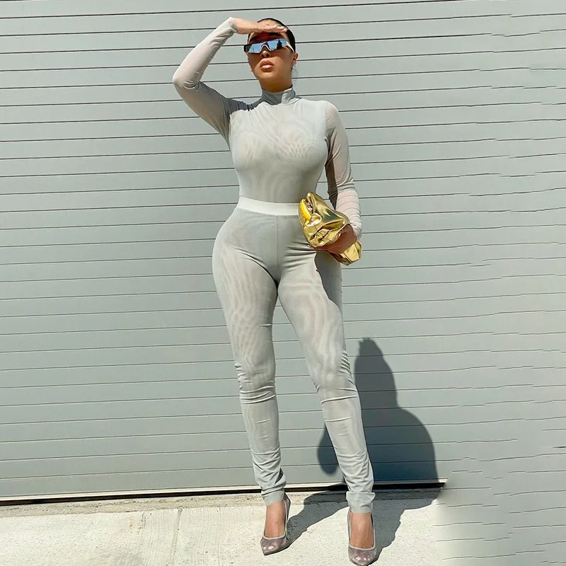 

Winter Bodysuit Two Piece Pants Set Women Clothing Long Sleeve Mesh Women Set