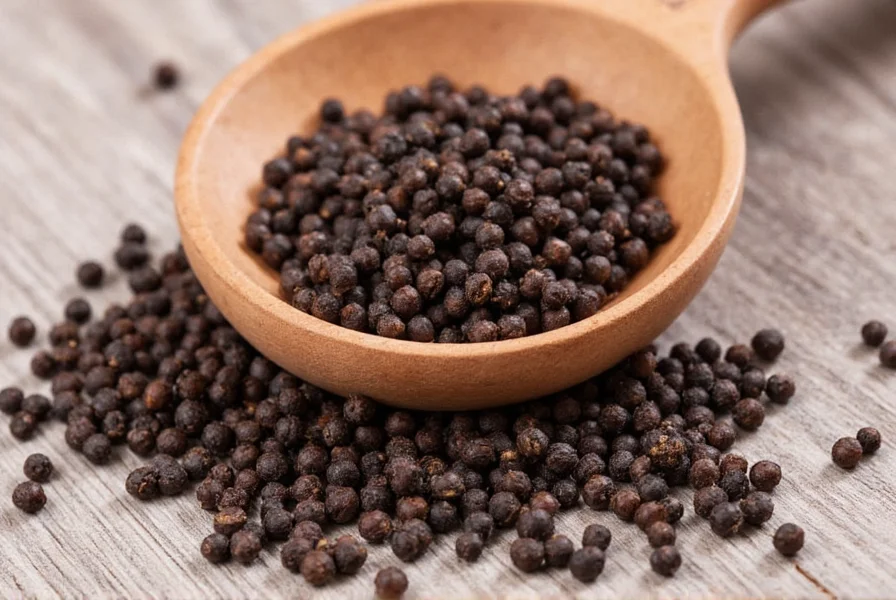 Nahaufnahme schwarzer Pfefferkörner in Mörser und Stößel