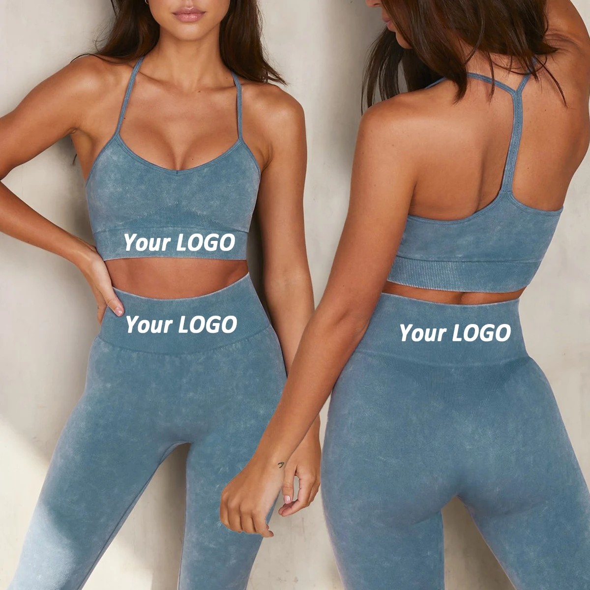 

Hot Sale Women Washed Seamless Suit Two Piece Set Soft Cropped Bra Fitness Leggings Sports Suit Fabletics Trinity Yoga Wear, Customized color