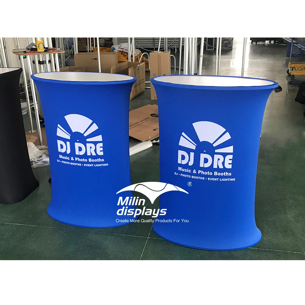 

Portable Promotion Exhibition Counter Table Oval Trade Show Pop Up Counter Display Tension Fabric Hydraulic Table