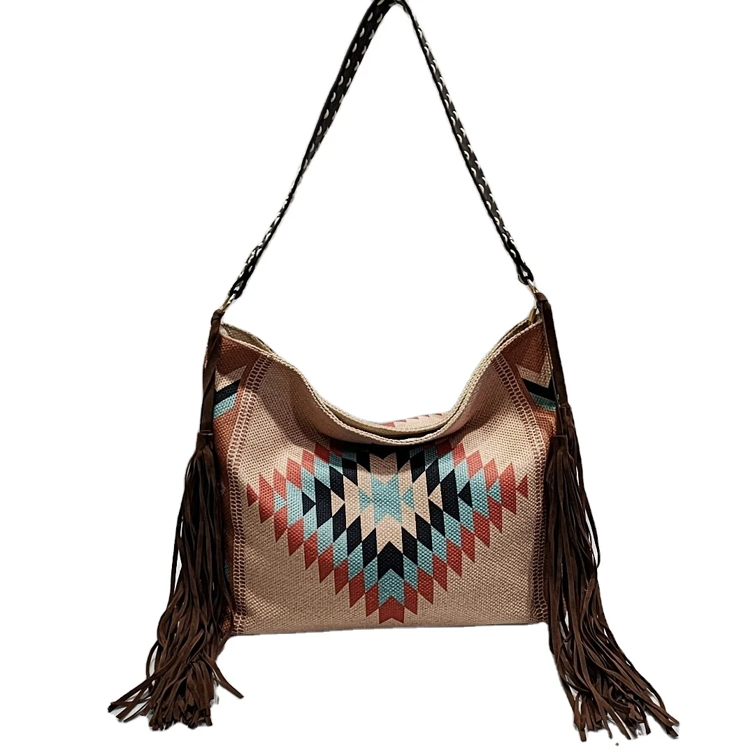 

Large Capacity Woven Canvas Ladies Aztec Boho Multi Color Tote Handbag With Fringe
