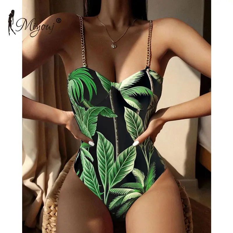 

Miyouj Gold chain bathing suit women push up monokini bodysuit vintage swimwear female plant print one piece swimsuit, Customized colors