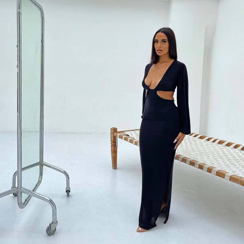 

Evening Party Lady Wear Black Sexy V Neck Backless Dress Loose Puff Sleeve Dresses With Split