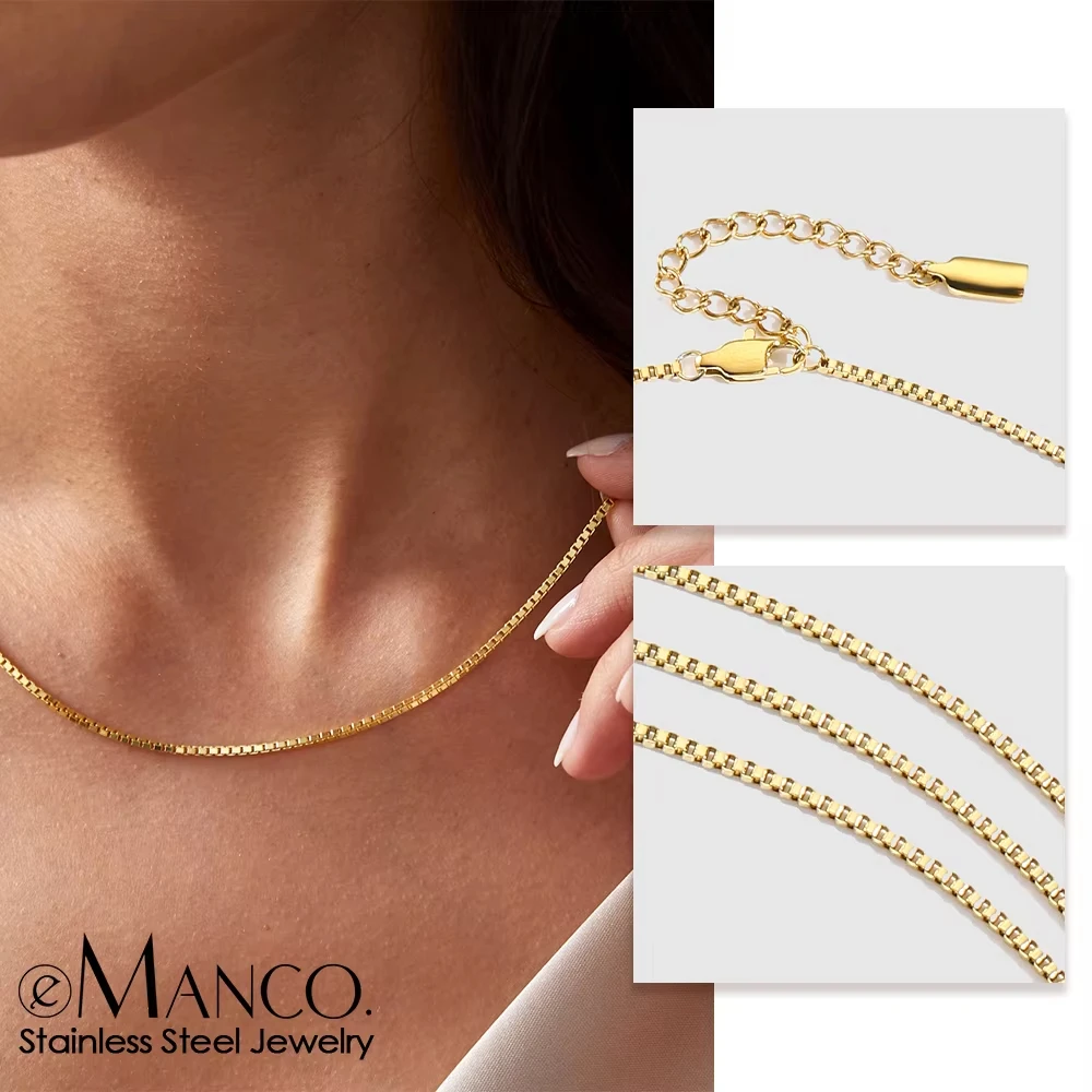 EManco Unisex Stainless Steel 14K Gold Plated Pvd Gold Box Chain Lobster Clasp Simple Gold Waterproof Box Chain