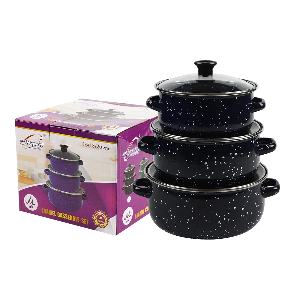 

16-20cm 671DG-K 3pcs black pot turkish cast-iron cookware kitchen cooking pot enamel casserole set, Black/ blue/green/coffee
