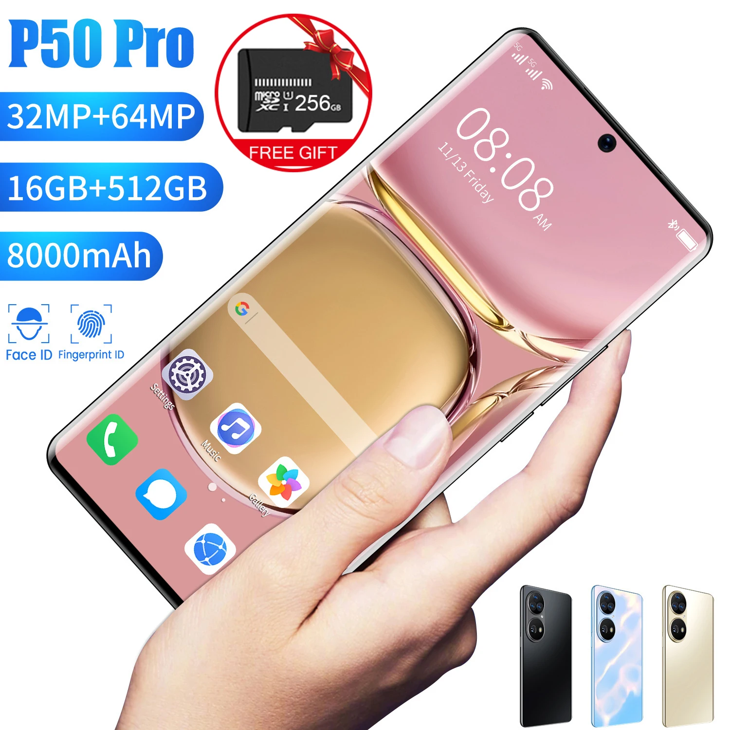 

7.3 inch Huwai Global Version Mobile P50 Pro Android Smart Phone 16Gb+516Gb P50pro Fingerprint unlock cell phone