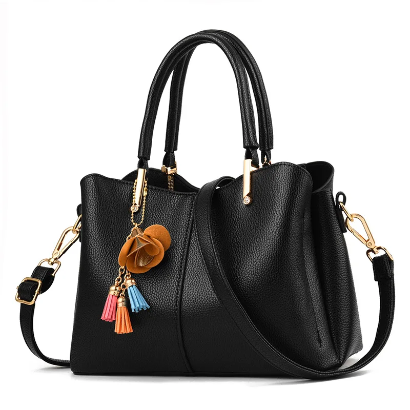 

Stylish Simple Solid Color Large Capacity High Quality Leather Tassel Flower Pendant Women Shoulder Bag Handbag, Red purple gary dark blue black pink yellow