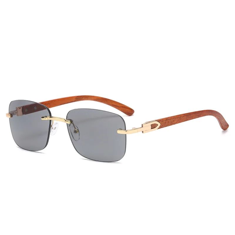 

Small Rectangular Rimless Sunglasses Women Square Frame Sun Glasses Wood Grain Temples Shades Sunglasses