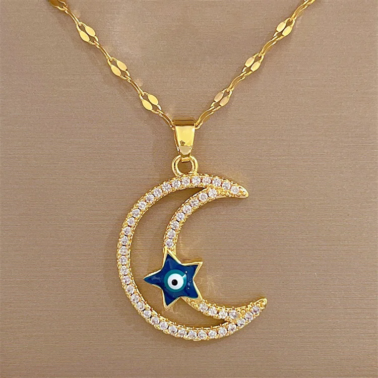 

Wholesale New Titanium Steel Diamond Luxury Blue Star Moon Necklace