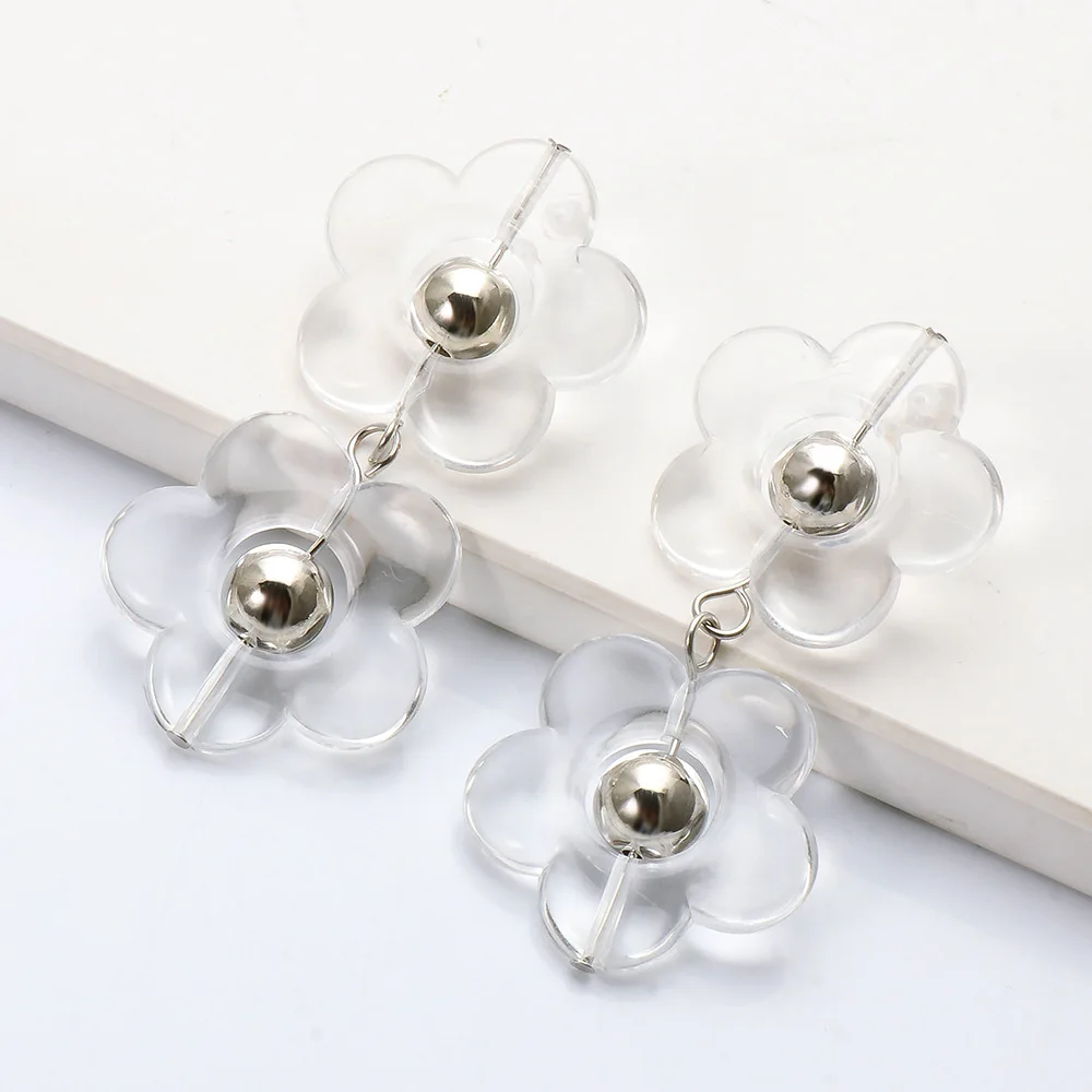 

Korean Fashion Acrylic Flower Dangle Earrings Exquisite Transparent Double Flower Acrylic Drop Earrings For Summer