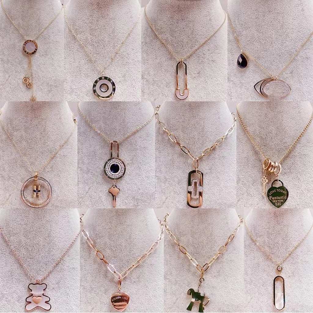 

PUSHI new trendy sweater necklace mix bulk Rose gold pendant gold plated thick stainless steel long necklace for women