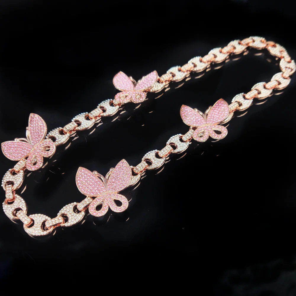 

European Personalized Hips Hops Bling Jewelry Rose Gold Pink Rhinestone Crystal Coffee Bean Chain Butterfly Necklace