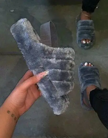 

OEM designer open toe fluffy fur slippers fashion ladies fur slippers for women, Blue, leopard, yellow, grey, black