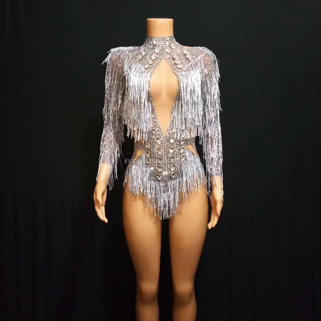 

Sparkly Silver Crystal Fringes Dance Costume Rhinestone Gloves Tassel Bodysuit Party Stage Wear Dance Show Sexy Leotard