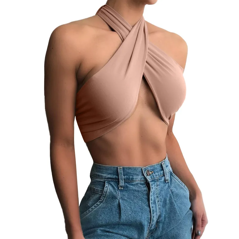 

2021 Solid Color Bandage Tops Crop Women Open Navel Hanging Neck Chest Wrapped Vest Nightclub Sexy Backless Crop Top, White/pink/yellow/black/gray/khaki