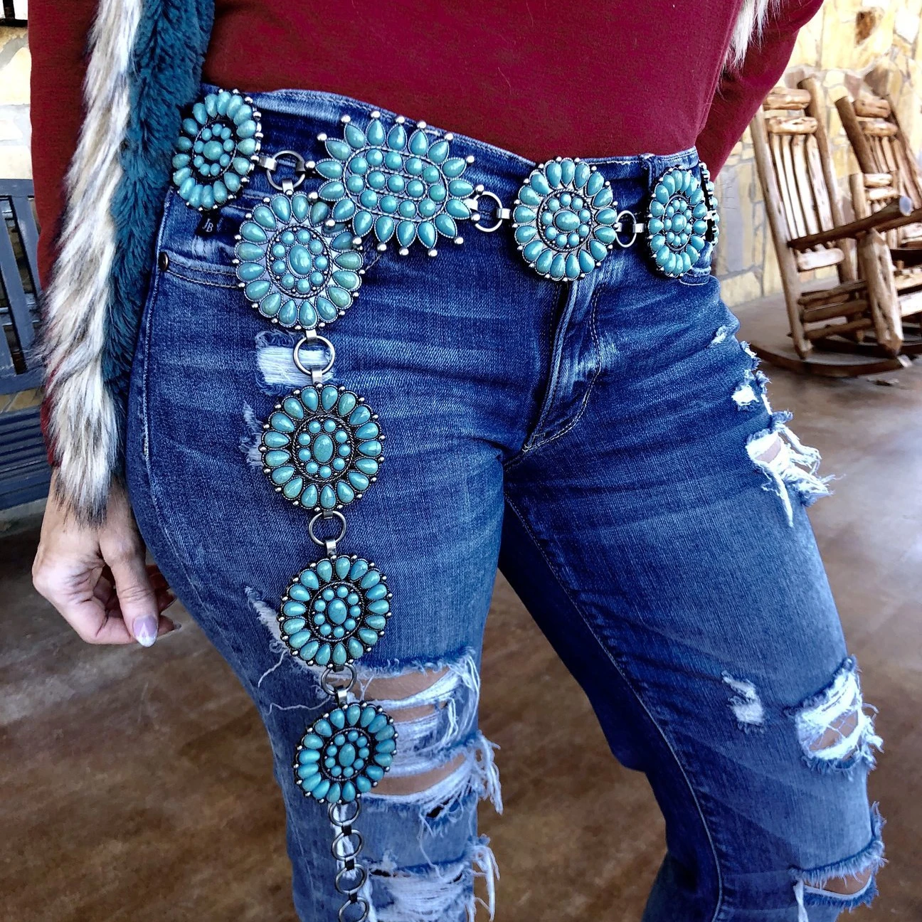 

RTS Vintage Western Turquoise Flower Concho Chain For Adult Cowgirl Belt Chain Oval Turquoise Stone Long Size, Green