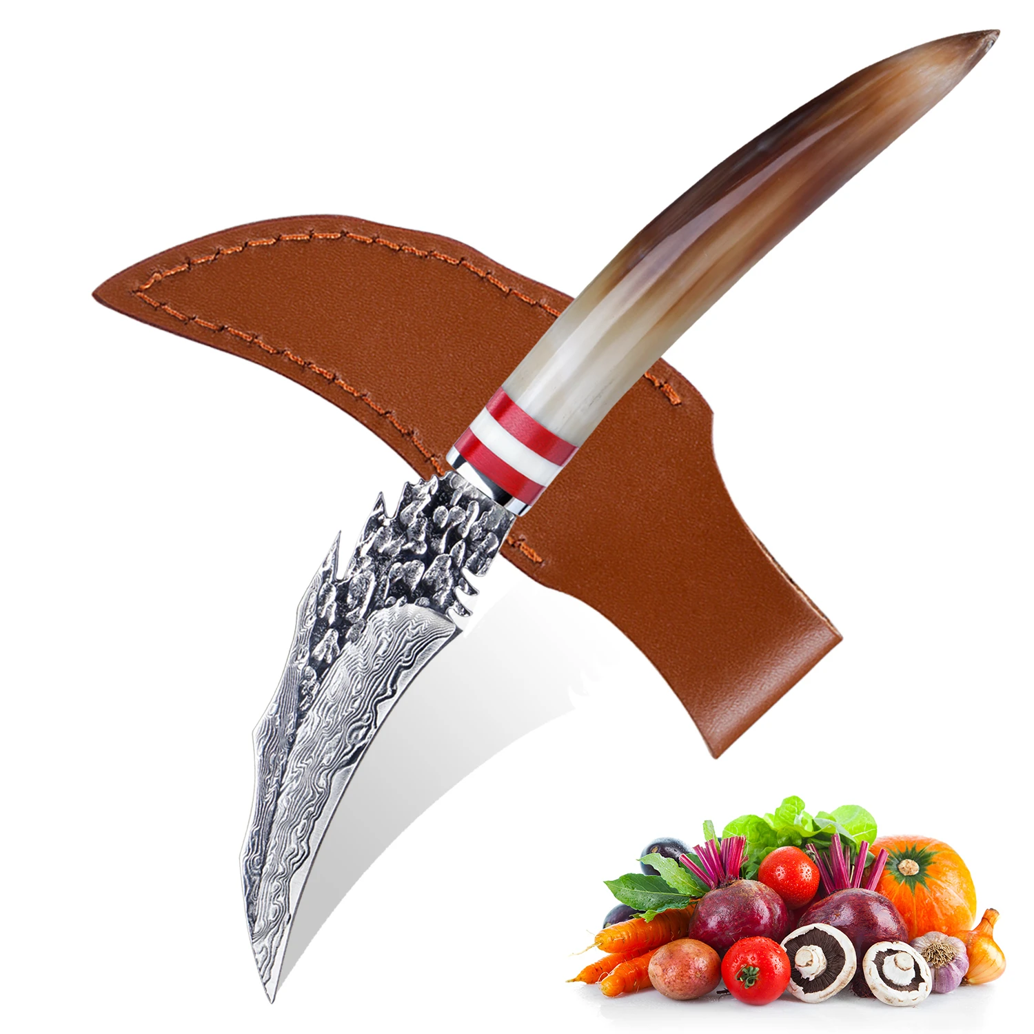 

3.5" Paring Knife Peeler - Birds Beak Peeling - Damascus Steel - Handmade with OX Horn Handle