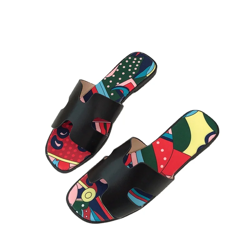 

2021 Summer New Style Outer Wear Color-printed Flat-bottomed Slippers Women's Flat-heeled H-shaped Slide Slippers, As shown in figure