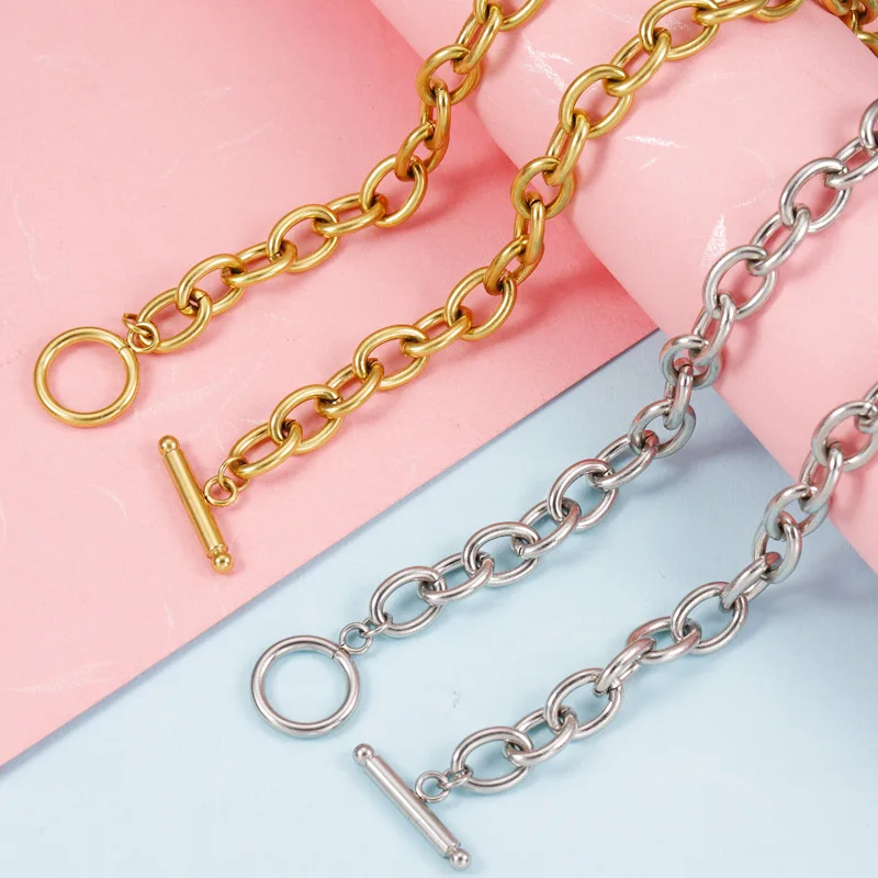 

Wholesale cheap Creative OT Buckle 43cm Necklace Jewelry Chain Brightly Gold Plated 8mm Thick Coarse Stainless Steel Chains