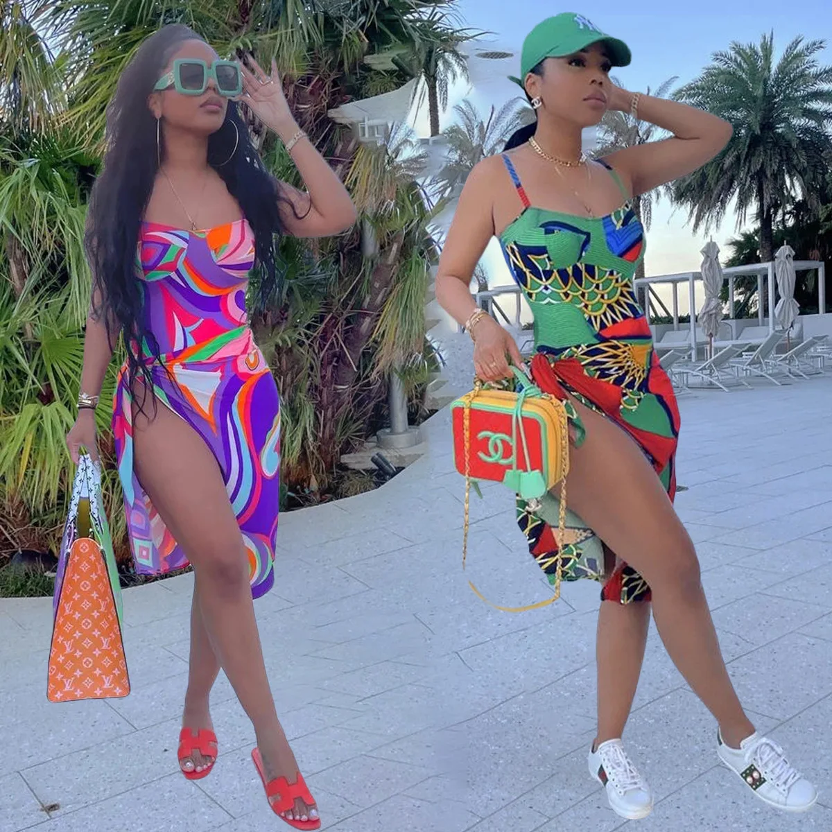 

2021 Hot Sale Women Summer Beachwear Two Piece Swimwear One Piece Rompers with Cover Up Cute Swimsuits 2 Piece Set