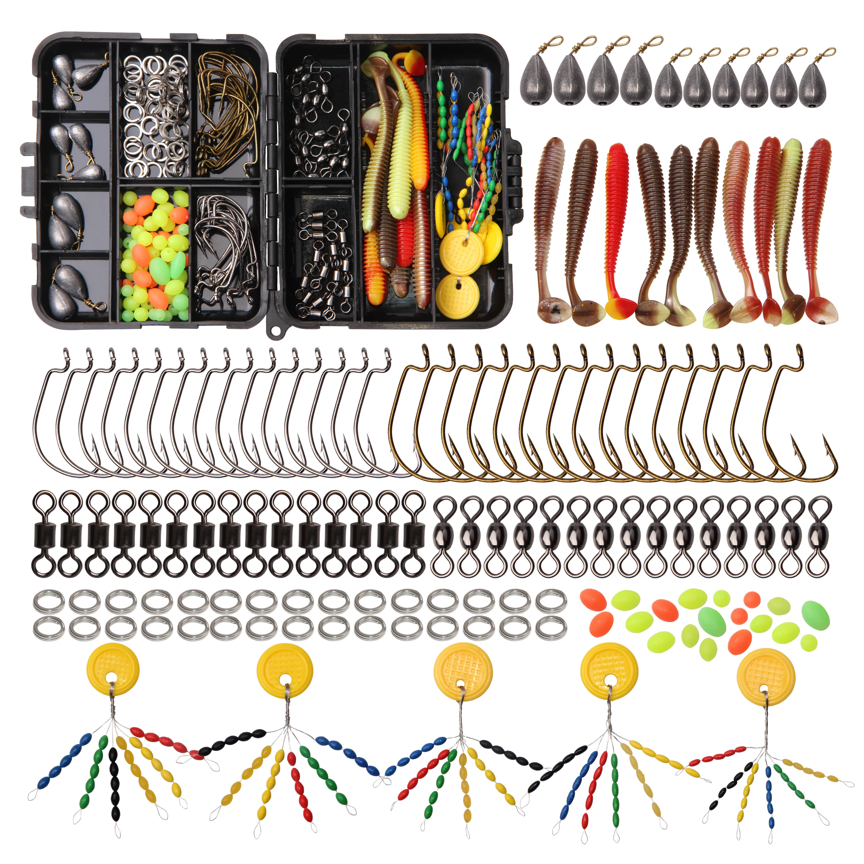 

Wholesale 155pcs Fishing Hooks Swivel Snap Space Bea Soft Lures Fishing Sinker Weights Tackle Box Set, Mixed colors