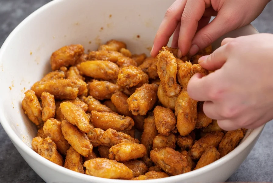Close-up of hands tossing crispy chicken wings in a large bowl with lemon pepper seasoning mix