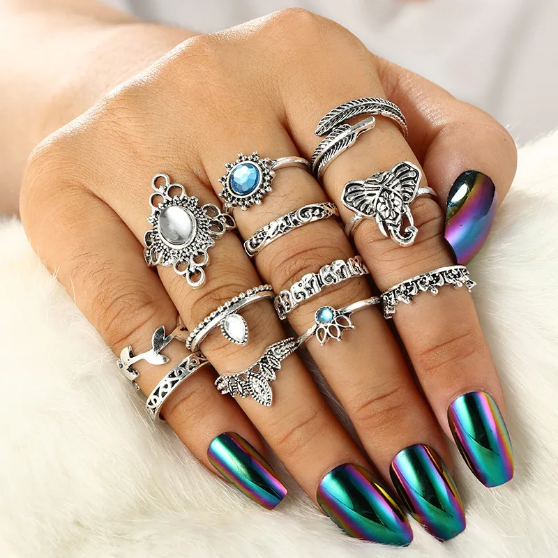 

Bohemian Couple Fashion Sapphire Gemstone Silver Leaf Elephant Water Drop Turquoise Women Wedding Jewelry Rings Set, As picture